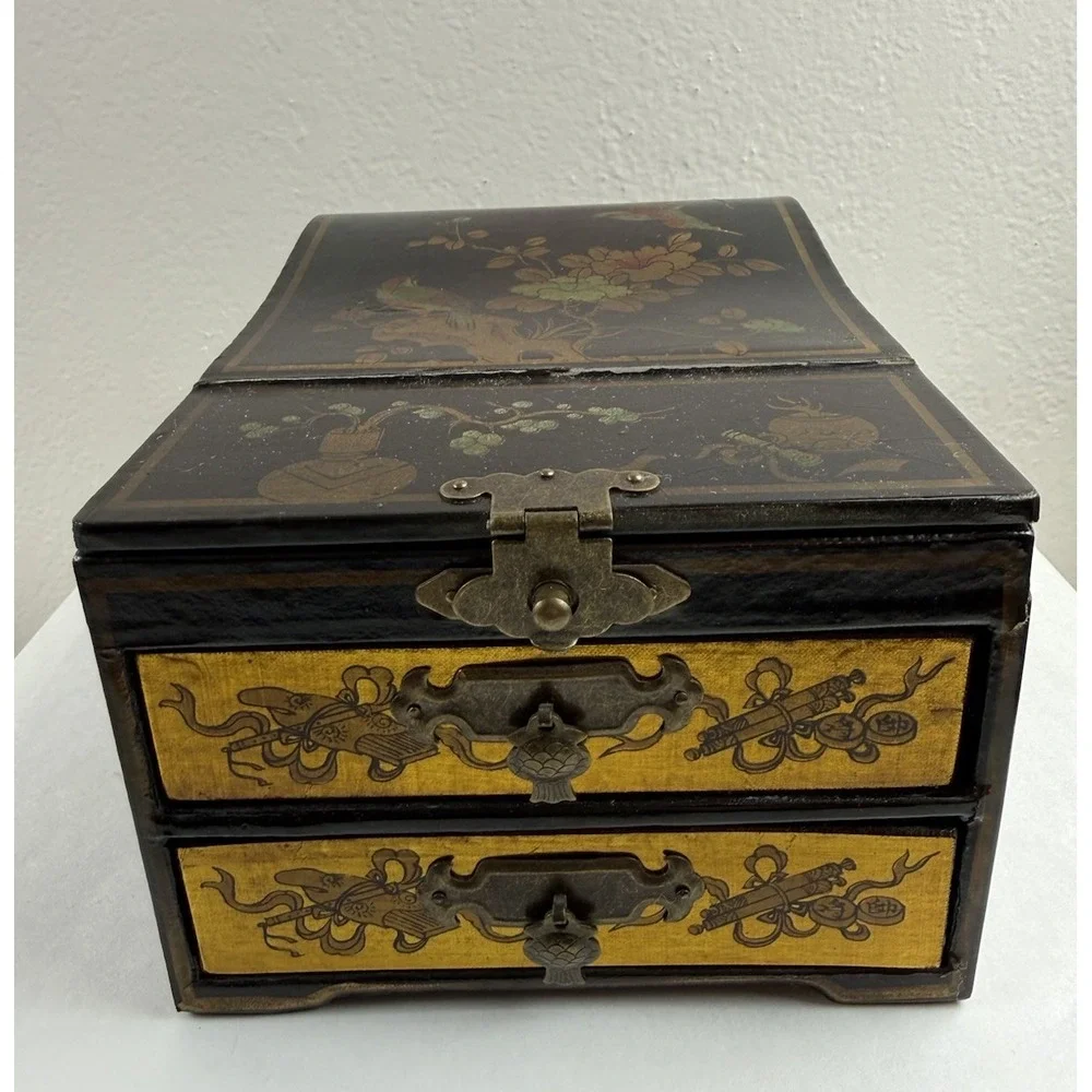 Antique Chinese Wood Lacquered Makeup Oval Vanity Fold Up Mirror Jewelry Box